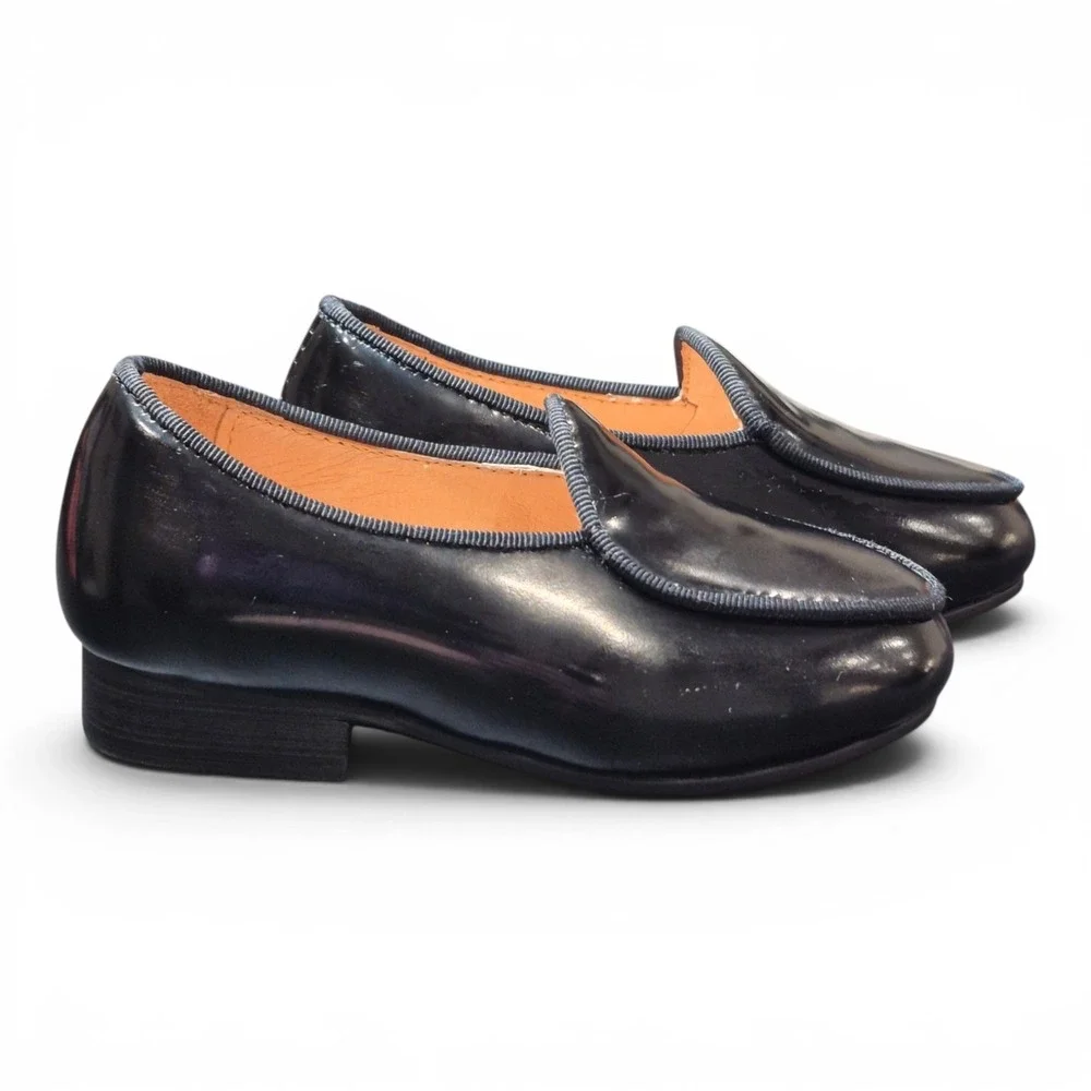 Merlutti Toddler 7 Belgian Loafers Black Leather Slip On Dress Shoes‎ Moc Toe